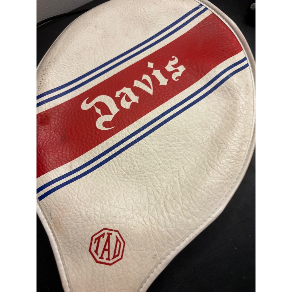Vintage Davis TAD Tennis Racket Head Cover White Red Blue Striped Retro Zippered
